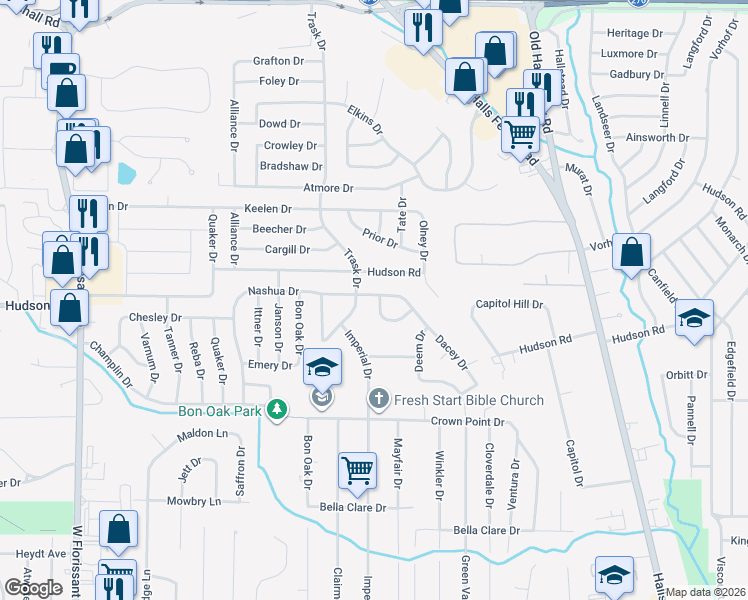 map of restaurants, bars, coffee shops, grocery stores, and more near 1916 Paducah Drive in St. Louis