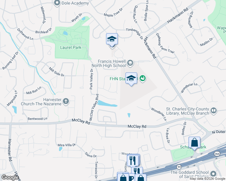 map of restaurants, bars, coffee shops, grocery stores, and more near 107 Park Valley Court in St. Peters