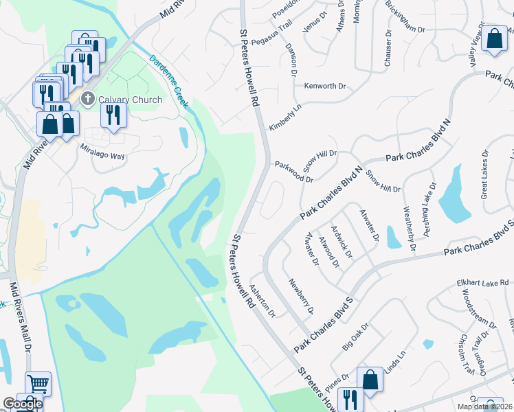 map of restaurants, bars, coffee shops, grocery stores, and more near 12 Park Place in St. Peters