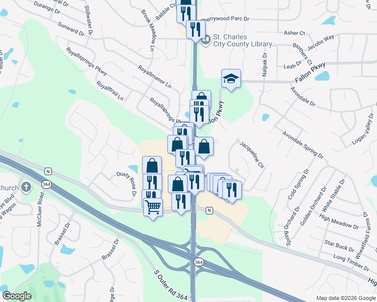 map of restaurants, bars, coffee shops, grocery stores, and more near 2913 State Highway K in O'Fallon