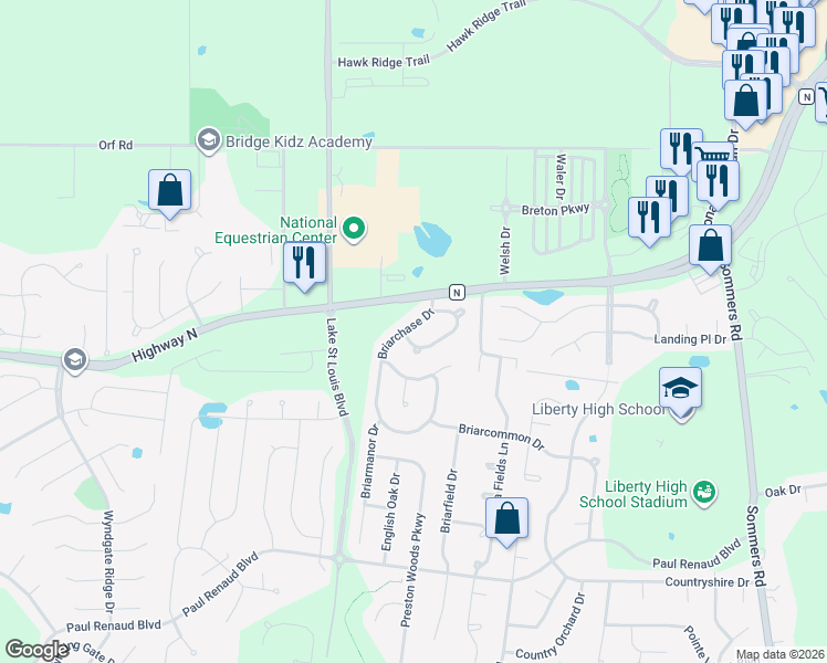map of restaurants, bars, coffee shops, grocery stores, and more near 403 Briarchase Drive in Lake Saint Louis