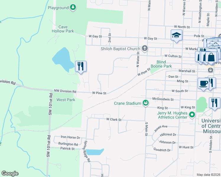 map of restaurants, bars, coffee shops, grocery stores, and more near 100 Post Oak Court in Warrensburg