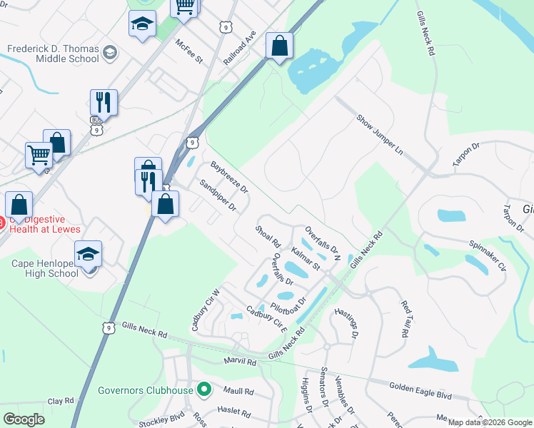 map of restaurants, bars, coffee shops, grocery stores, and more near 16634 Shoal Road in Lewes