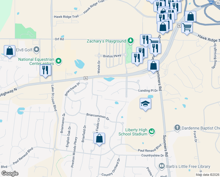map of restaurants, bars, coffee shops, grocery stores, and more near 1114 Landing Place Drive in O'Fallon