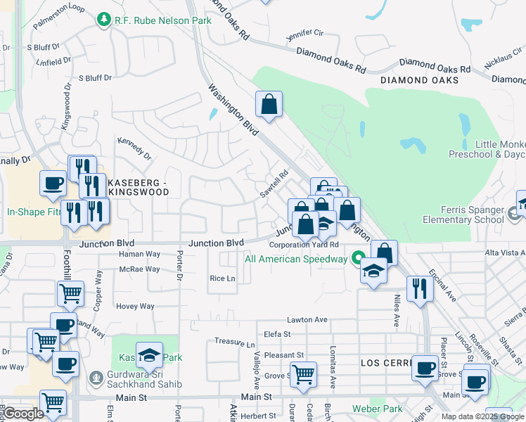 map of restaurants, bars, coffee shops, grocery stores, and more near 121 Vallejo Avenue in Roseville
