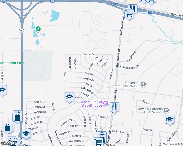 map of restaurants, bars, coffee shops, grocery stores, and more near 1139 Roxton Drive in St. Louis