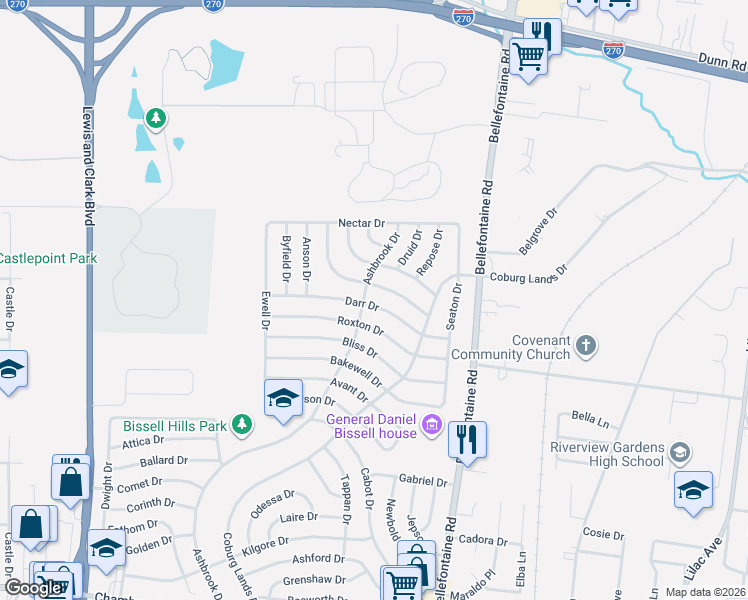 map of restaurants, bars, coffee shops, grocery stores, and more near 1139 Roxton Drive in St. Louis