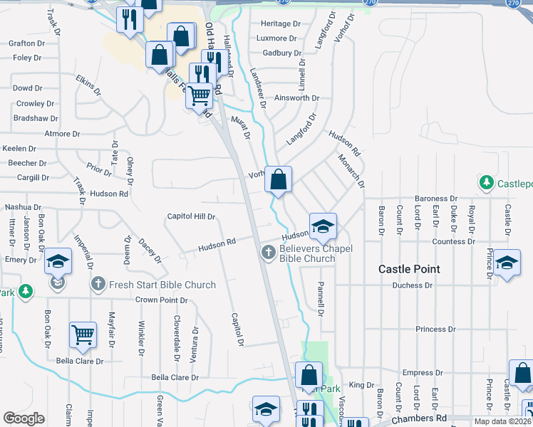 map of restaurants, bars, coffee shops, grocery stores, and more near 2220 Foss Court in St. Louis