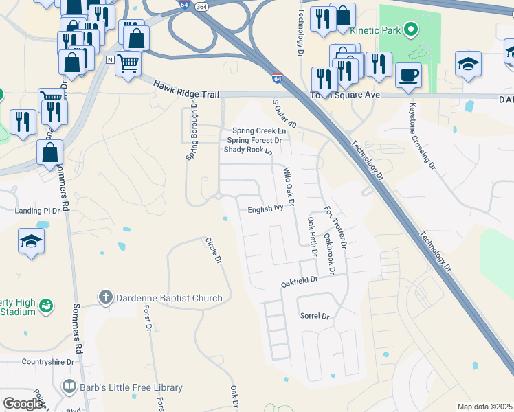map of restaurants, bars, coffee shops, grocery stores, and more near 711 English Ivy in O'Fallon