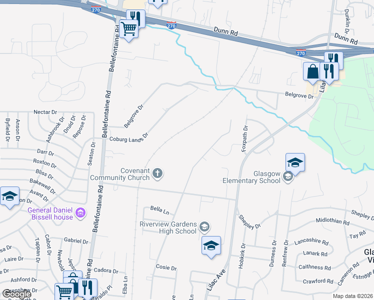 map of restaurants, bars, coffee shops, grocery stores, and more near 10447 Toelle Lane in St. Louis