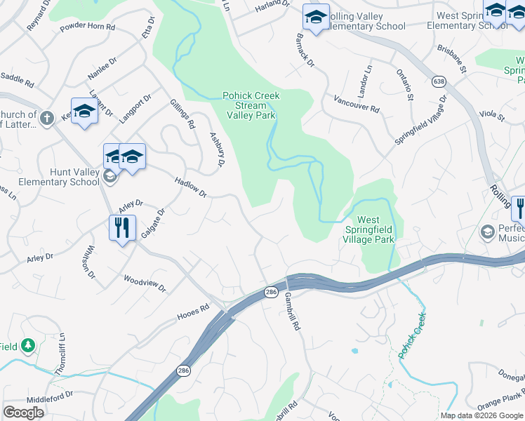 map of restaurants, bars, coffee shops, grocery stores, and more near 7118 Hadlow Court in Springfield