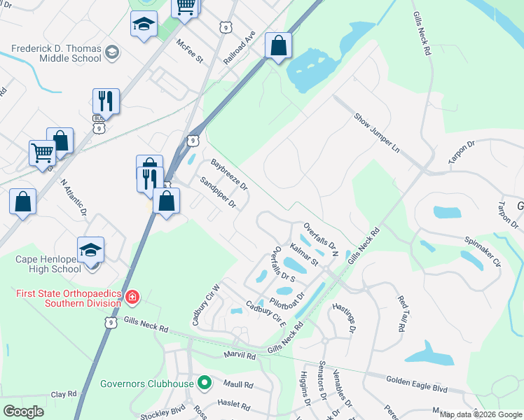 map of restaurants, bars, coffee shops, grocery stores, and more near 38 Baybreeze Drive in Lewes