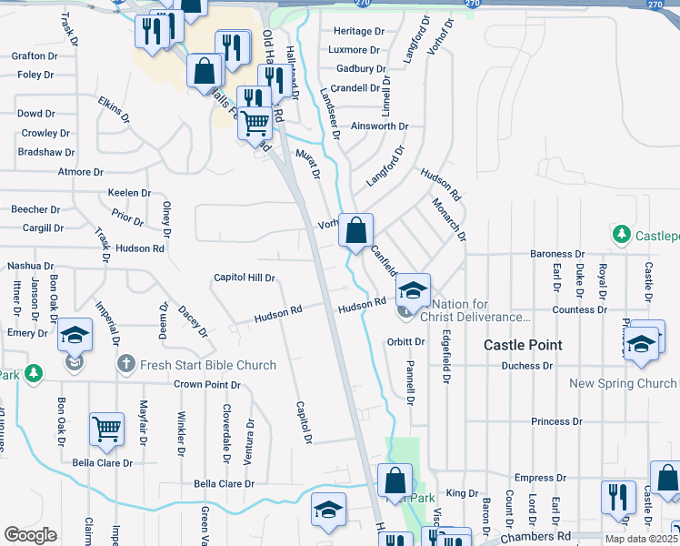 map of restaurants, bars, coffee shops, grocery stores, and more near 2220 Kipp Court in St. Louis