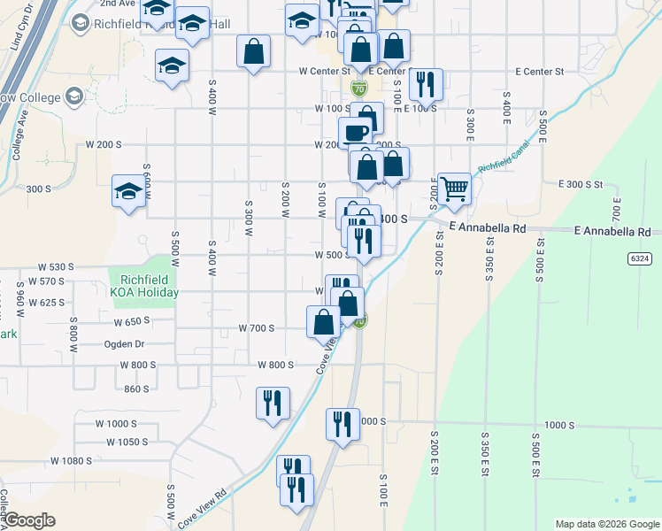 map of restaurants, bars, coffee shops, grocery stores, and more near 73 West 500 South in Richfield