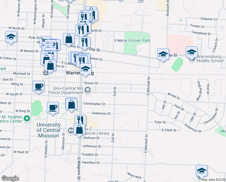 map of restaurants, bars, coffee shops, grocery stores, and more near 420 Grover Street in Warrensburg