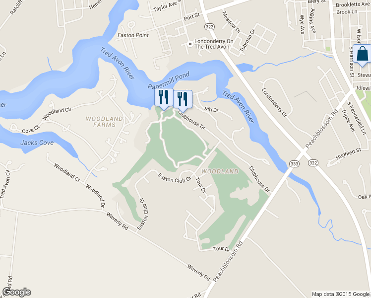 map of restaurants, bars, coffee shops, grocery stores, and more near 28449 Clubhouse Drive in Easton