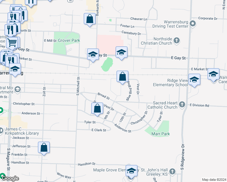map of restaurants, bars, coffee shops, grocery stores, and more near 951 Ridge Drive in Warrensburg