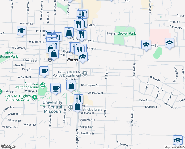 map of restaurants, bars, coffee shops, grocery stores, and more near 404 Grover Street in Warrensburg