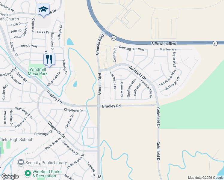 map of restaurants, bars, coffee shops, grocery stores, and more near 4841 Escanaba Drive in Colorado Springs