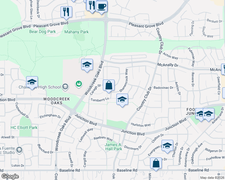 map of restaurants, bars, coffee shops, grocery stores, and more near 1045 Callawassie Way in Roseville