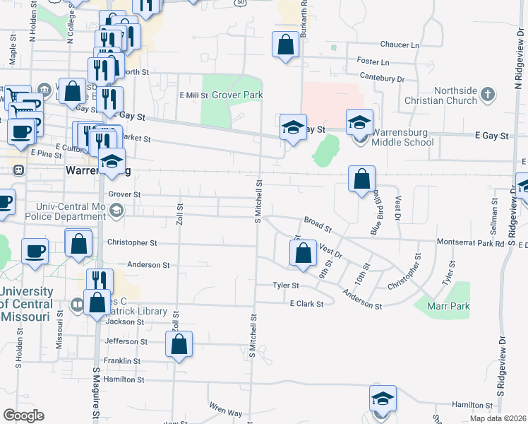 map of restaurants, bars, coffee shops, grocery stores, and more near 209 South Mitchell Street in Warrensburg