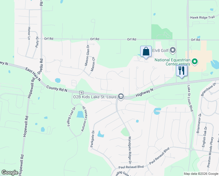 map of restaurants, bars, coffee shops, grocery stores, and more near 110 Eckstein Lane in Lake Saint Louis