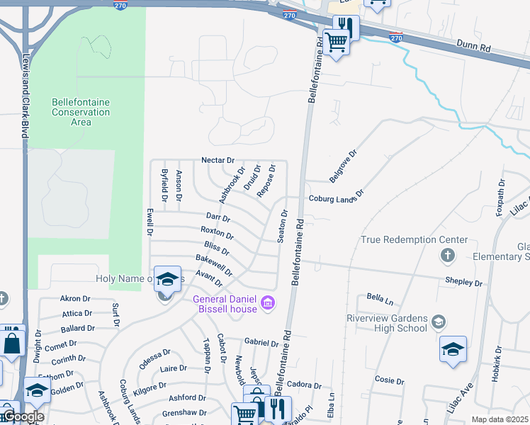 map of restaurants, bars, coffee shops, grocery stores, and more near 1100 Esquire Drive in St. Louis