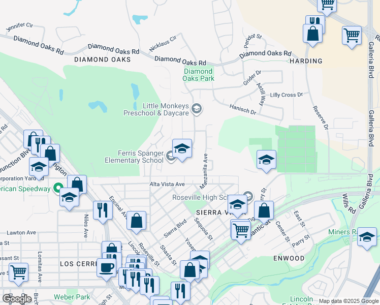 map of restaurants, bars, coffee shops, grocery stores, and more near 718 Shasta Street in Roseville