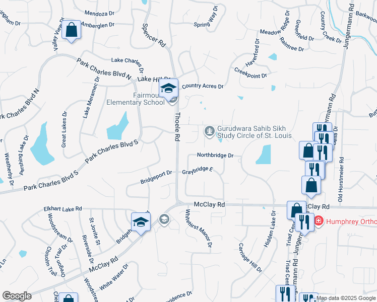 map of restaurants, bars, coffee shops, grocery stores, and more near 20 Shepherd Knoll Drive in St. Peters
