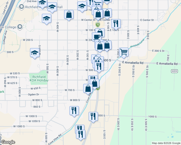 map of restaurants, bars, coffee shops, grocery stores, and more near 477 South 100 West in Richfield