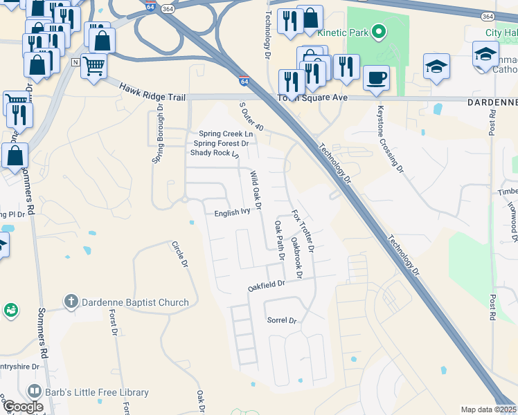map of restaurants, bars, coffee shops, grocery stores, and more near 2358 Wild Oak Drive in O'Fallon