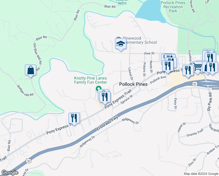 map of restaurants, bars, coffee shops, grocery stores, and more near 6165 Pony Express Trail in Pollock Pines