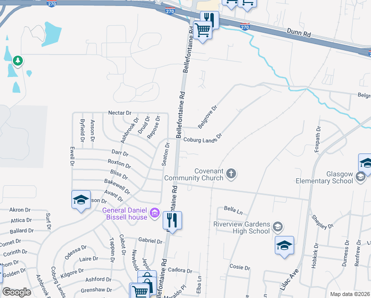 map of restaurants, bars, coffee shops, grocery stores, and more near in Bellefontaine Neighbors