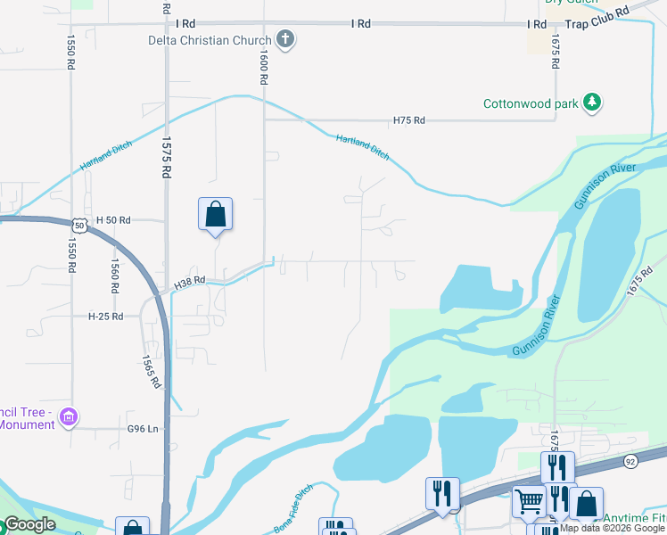 map of restaurants, bars, coffee shops, grocery stores, and more near 1655 H38 Road in Delta