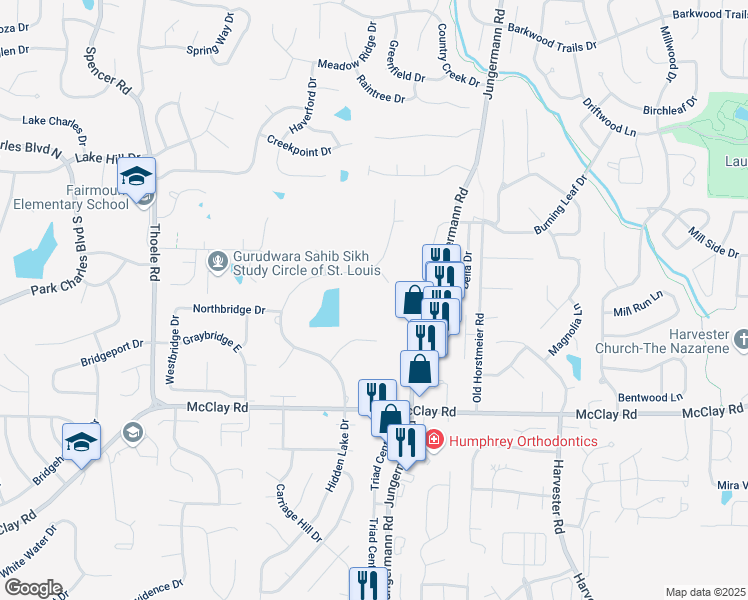 map of restaurants, bars, coffee shops, grocery stores, and more near 48 Hidden Lake Court in St. Peters