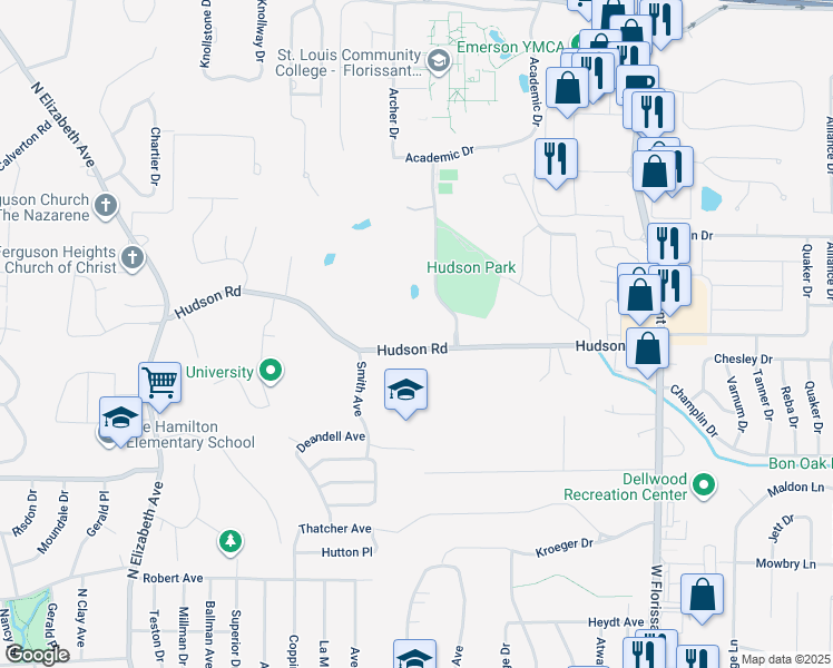 map of restaurants, bars, coffee shops, grocery stores, and more near 1131 Hudson Road in Ferguson