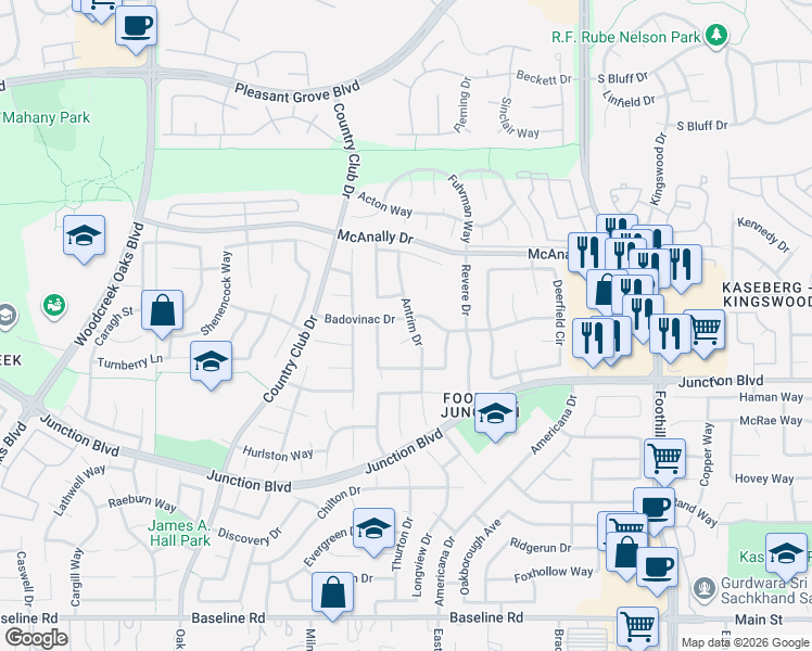 map of restaurants, bars, coffee shops, grocery stores, and more near 1317 Antrim Drive in Roseville