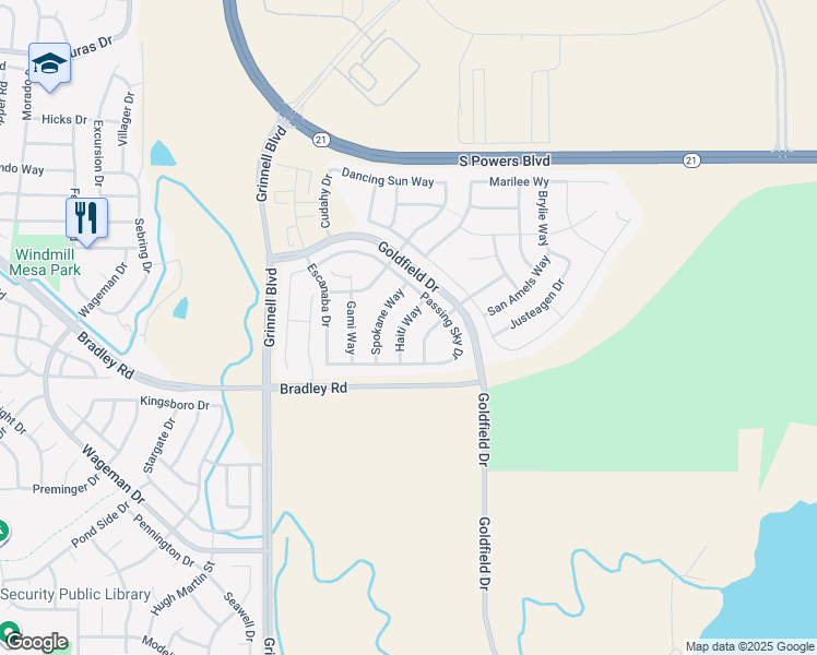 map of restaurants, bars, coffee shops, grocery stores, and more near 4909 Haiti Way in Colorado Springs