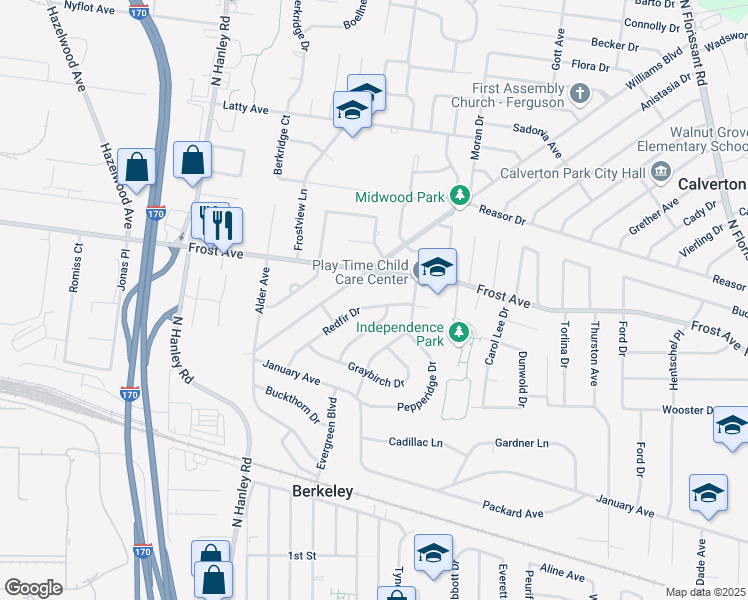map of restaurants, bars, coffee shops, grocery stores, and more near 8413 Red Fir Drive in Saint Louis