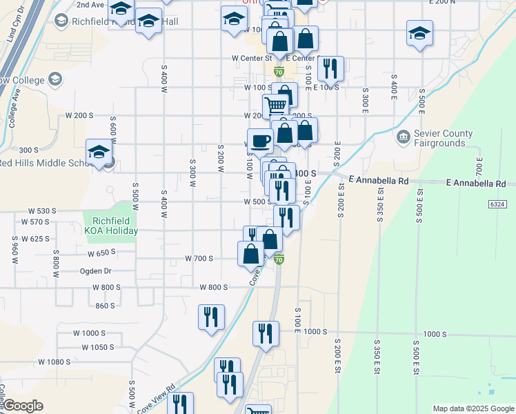 map of restaurants, bars, coffee shops, grocery stores, and more near 73 West 500 South in Richfield