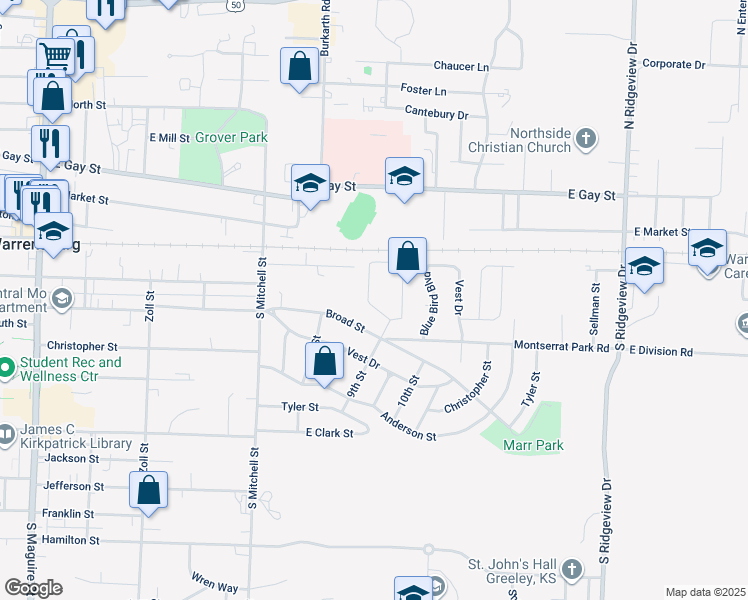 map of restaurants, bars, coffee shops, grocery stores, and more near 949 Ridge Drive in Warrensburg