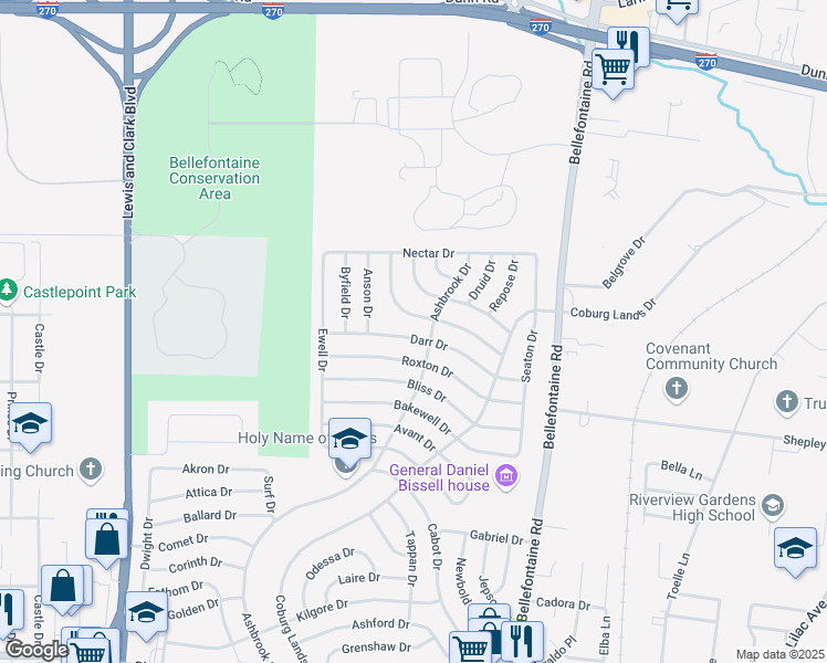 map of restaurants, bars, coffee shops, grocery stores, and more near 1211 Darr Drive in St. Louis