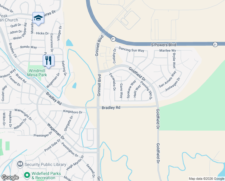 map of restaurants, bars, coffee shops, grocery stores, and more near 4841 Escanaba Drive in Colorado Springs