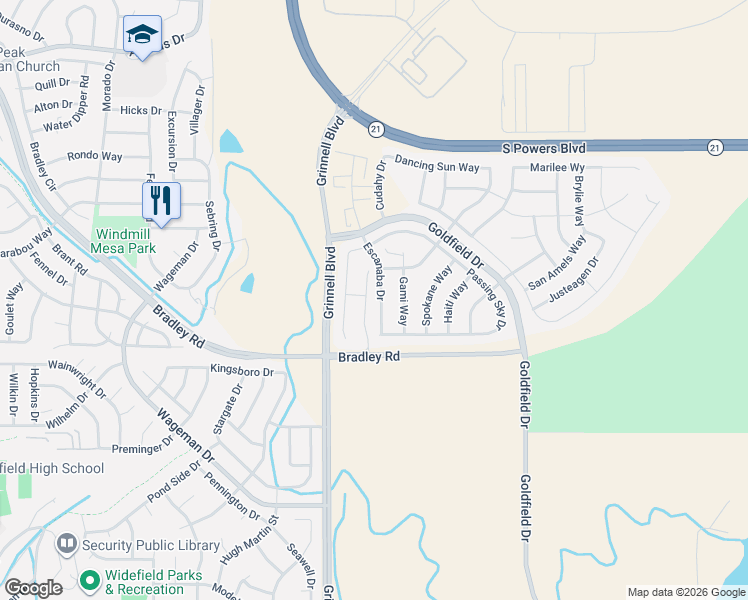 map of restaurants, bars, coffee shops, grocery stores, and more near 4841 Escanaba Drive in Colorado Springs
