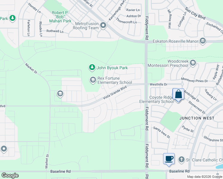 map of restaurants, bars, coffee shops, grocery stores, and more near 5517 Whisper Wind Way in Roseville