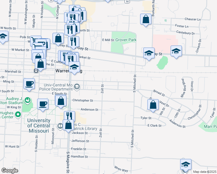map of restaurants, bars, coffee shops, grocery stores, and more near 506 Grover Street in Warrensburg