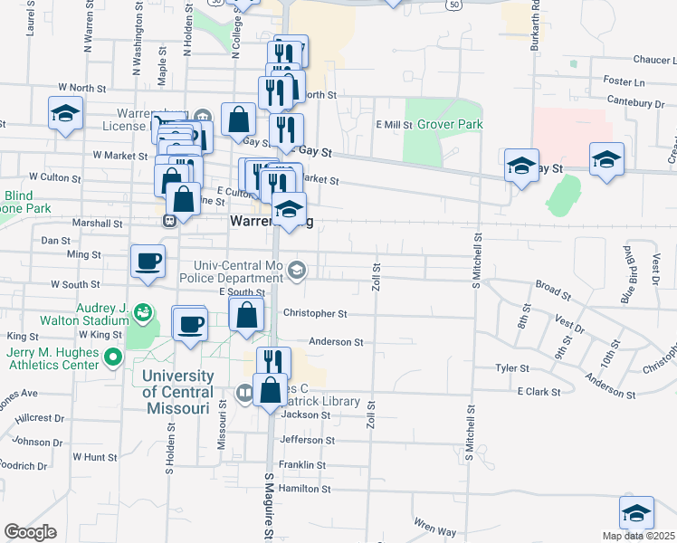 map of restaurants, bars, coffee shops, grocery stores, and more near 404 Grover Street in Warrensburg