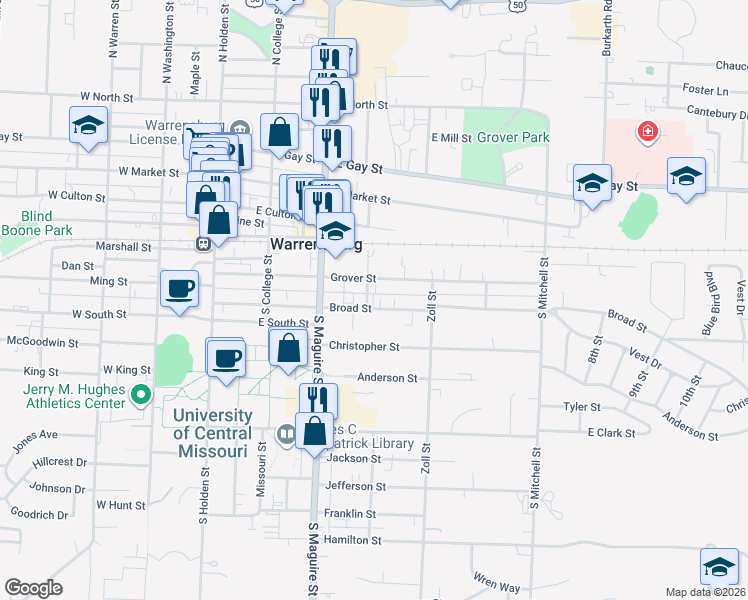 map of restaurants, bars, coffee shops, grocery stores, and more near 404 Grover Street in Warrensburg