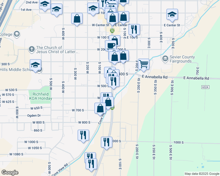 map of restaurants, bars, coffee shops, grocery stores, and more near 401 South Main Street in Richfield
