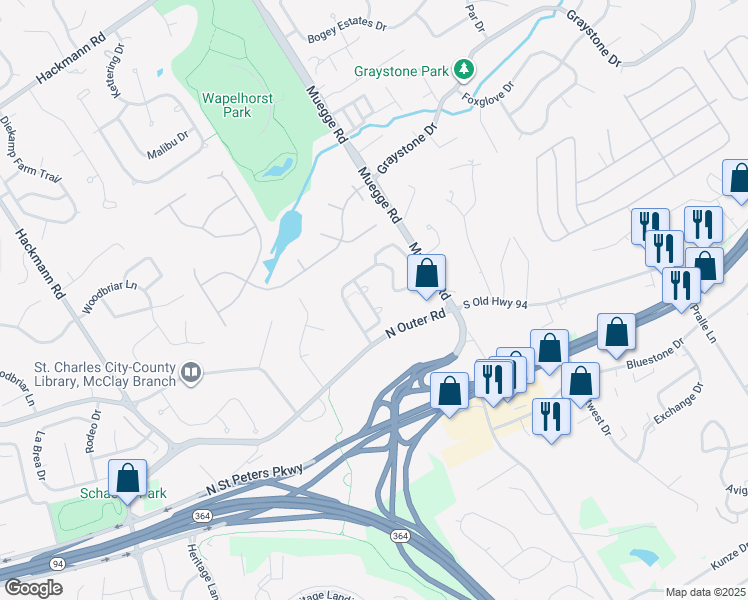 map of restaurants, bars, coffee shops, grocery stores, and more near 1652 Kircher Drive in Saint Charles
